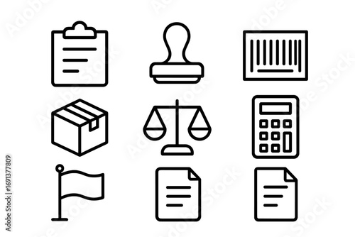 Customs and Tariffs Icons. Outline icon set of customs and tariffs: clipboard, stamp, barcode, package,