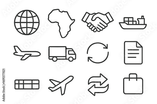 Regional Trade Block Icons. Outline icon set of regional trade blocks: globe, continent map, handshake, cargo