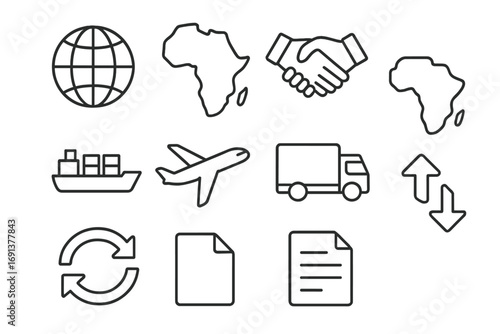 Regional Trade Block Icons. Outline icon set of regional trade blocks: globe, continent map, handshake, cargo