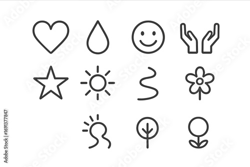 Emotional Icon Set. Outline icon set of emotional realizations: heart, tear, smile, open hands, star, sun,