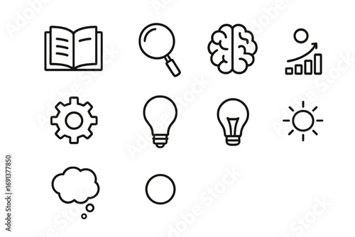 Learning Breakthrough Icons. Outline icon set of breakthroughs in learning: book, magnifying glass, brain,