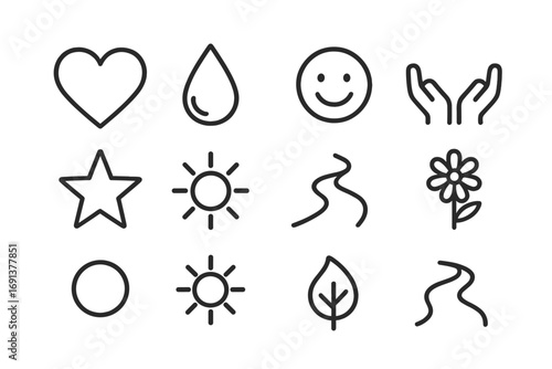 Emotional Icon Set. Outline icon set of emotional realizations: heart, tear, smile, open hands, star, sun,