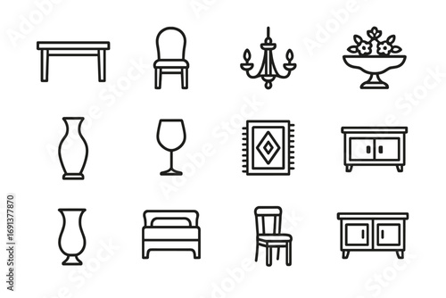 Opulent Dining Icons. Outline icon set of opulent dining rooms: dining table, chairs, chandelier, centerpiece,