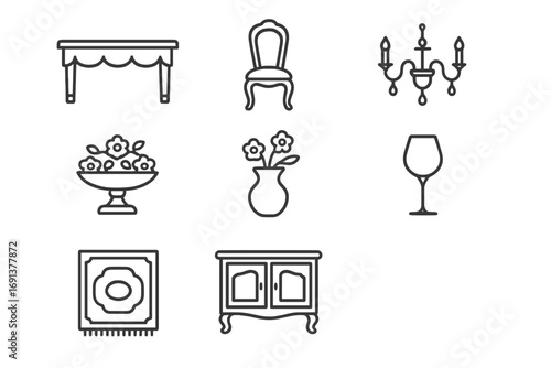 Opulent Dining Icons. Outline icon set of opulent dining rooms: dining table, chairs, chandelier, centerpiece,