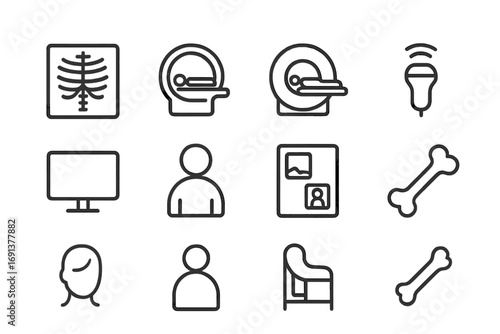 Diagnostic Icons Grid. Outline icon set of imaging diagnostics: X-ray, MRI scanner, CT machine, ultrasound