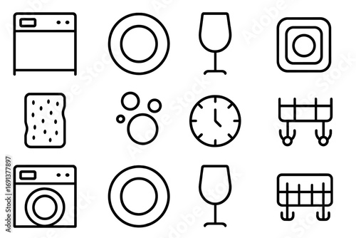 Dishwasher Icon Set. Outline icon set of dishwasher use: dishwasher, plate, glass, detergent pod, sponge,