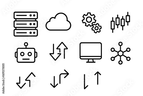 Trading Icons Set. Outline icon set of trading infrastructure: server rack, cloud, gears, candlestick chart,