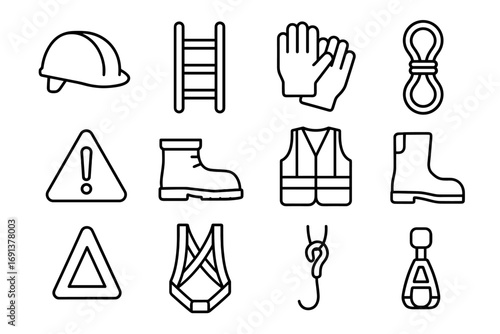 Gutter Safety Icons. Outline icon set of safety while cleaning gutters: helmet, ladder, gloves, safety rope,