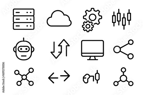 Trading Icons Set. Outline icon set of trading infrastructure: server rack, cloud, gears, candlestick chart,