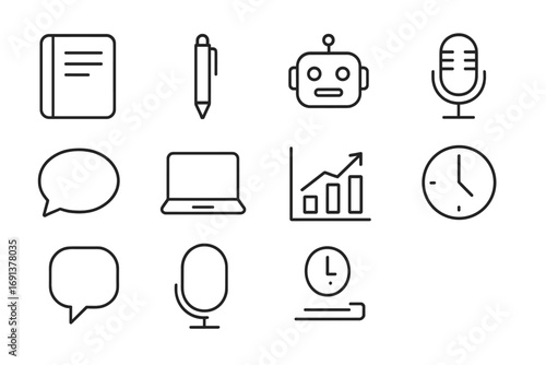 AI Note-Taking Icons. Outline icon set of AI note-taking: notebook, pen, robot head, microphone, text bubble,