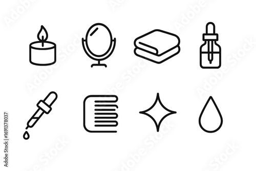 Self-Care Icon Set. Outline icon set of self-care hair rituals: candle, mirror, towel, serum bottle, dropper,