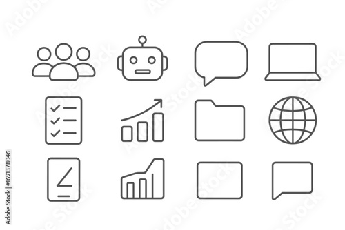 Collaborative AI Icon Set. Outline icon set of collaborative AI platforms: group of people, robot head, chat