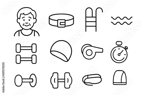 Senior Water Aerobics Icons. Outline icon set of senior water aerobics: smiling elder figure, float belt, pool