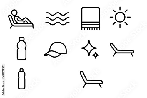 Pool Relaxation Icons. Outline icon set of pool relaxation after exercise: reclining figure, waves, towel, sun