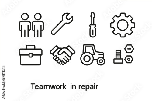 Repair Teamwork Icons. Outline icon set of teamwork in repair: two figures, wrench, screwdriver, gear, toolbox