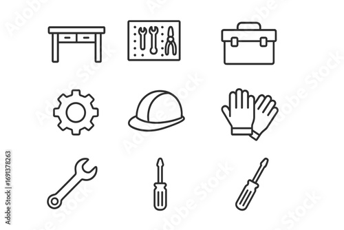 Workshop Tools Icon Set. Outline icon set of organized workshop: workbench, pegboard with tools, toolbox, gear