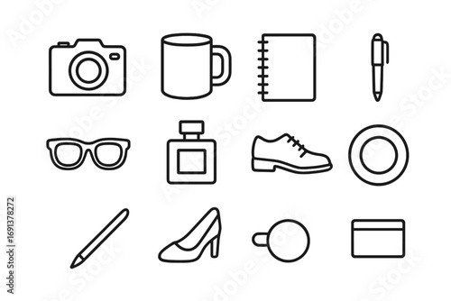 Creative Flat Lay Icons. Outline icon set of creative flat lay photography: top-view camera, mug, notebook,