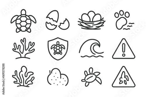 Endangered Sea Turtles Icons. Outline icon set of endangered sea turtles: sea turtle, broken egg shell, nest,
