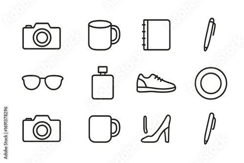 Creative Flat Lay Icons. Outline icon set of creative flat lay photography: top-view camera, mug, notebook,