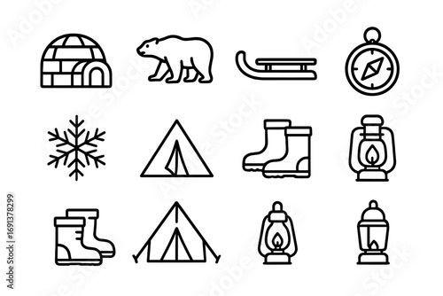 Arctic Icons Grid. Outline icon set of arctic expeditions: igloo, polar bear, sled, compass, snowflake, tent,