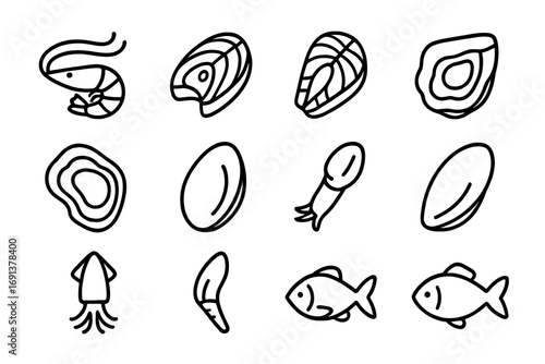 Seafood Icon Set. Outline icon set of seafood specialties: shrimp, tuna slice, salmon fillet, oyster, mussel,