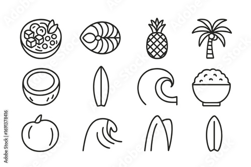 Hawaiian Cuisine Icons. Outline icon set of Hawaiian cuisine: poke bowl, fish slice, pineapple, coconut,