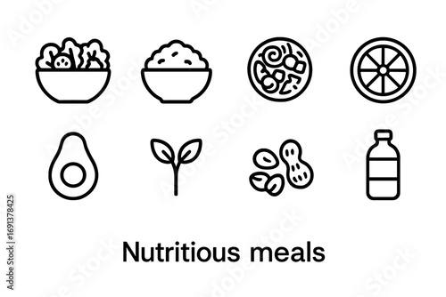 Nutritious Meals Icons. Outline icon set of nutritious meals: salad bowl, rice bowl, poke bowl, fruit slice,