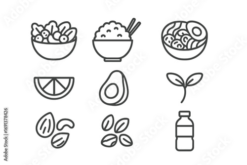 Nutritious Meals Icons. Outline icon set of nutritious meals: salad bowl, rice bowl, poke bowl, fruit slice,