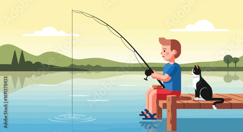 Young boy and his black cat fishing together on a wooden pier.