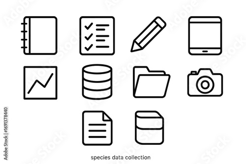 Species Data Icons. Outline icon set of species data collection: notebook, checklist, pencil, tablet, graph,