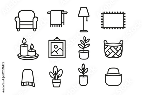 Cozy Home Icons. Outline icon set of cozy home styling: armchair, throw blanket, floor lamp, rug, candles,