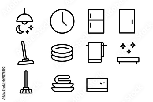 Closing Rituals Icon Set. Outline icon set of closing rituals: dimmed light, clock, fridge closed, cabinet