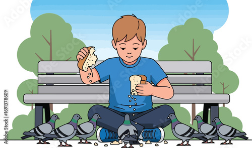 Young boy sitting on the ground feeding pigeons a sandwich.