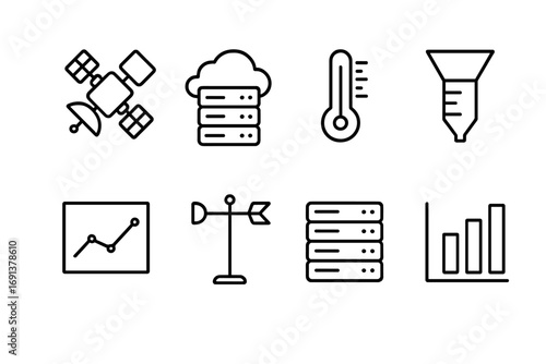 Climate Data Icon Set. Outline icon set of climate data collection: weather satellite, cloud server,