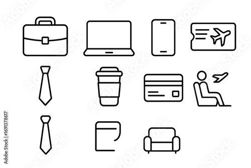 Business Travel Icons. Outline icon set of business travel to the airport: briefcase, laptop, smartphone,