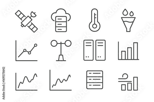 Climate Data Icon Set. Outline icon set of climate data collection: weather satellite, cloud server,