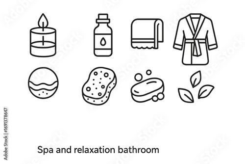 Spa Icon Collection. Outline icon set of spa and relaxation in bathroom: scented candle, essential oil bottle,