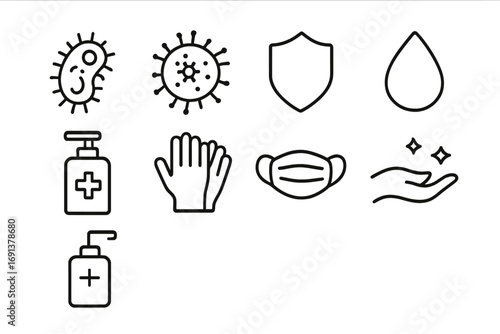 Germ Protection Icons. Outline icon set of germs and hand protection: bacteria icon, virus icon, shield,