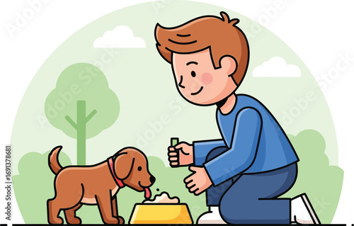A kind young boy kneels down to feed his cute puppy.