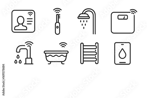 Smart Bathroom Icons. Outline icon set of connected bathroom devices: smart mirror, toothbrush, shower head,