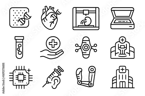Bioengineered Healthcare Icons. Outline icon set of bioengineered healthcare: artificial tissue patch, custom