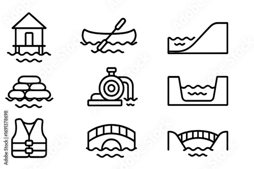 Flood Adaptation Icons. Outline icon set of flood adaptation: stilt house, canoe, levee, sandbags, pump, water