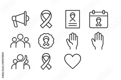 Charity Campaign Icons. Outline icon set of charity awareness campaigns: megaphone, ribbon, flyer, calendar,