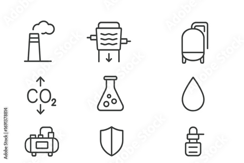 Carbon Capture Icons. Outline icon set of carbon capture technology: smokestack, filtration system, storage