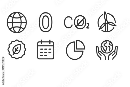 Carbon Neutrality Icons. Outline icon set of carbon neutrality goals: globe, zero symbol, CO₂ crossed out,