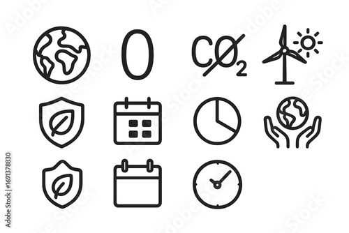 Carbon Neutrality Icons. Outline icon set of carbon neutrality goals: globe, zero symbol, CO₂ crossed out,
