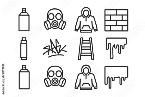 Graffiti Culture Icons. Outline icon set of graffiti culture: spray can, mask, hoodie, wall, marker pen,