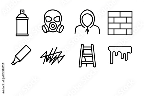 Graffiti Culture Icons. Outline icon set of graffiti culture: spray can, mask, hoodie, wall, marker pen,