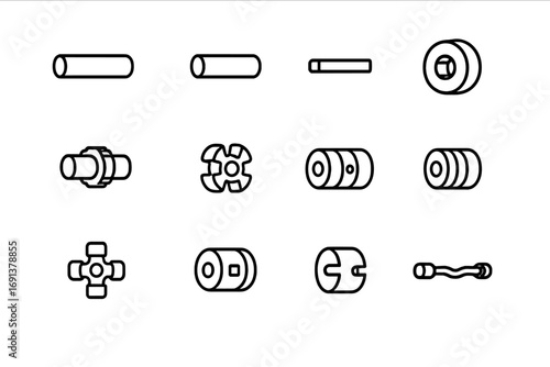 Mechanical Icon Set. Outline icon set of Shafts, keys & couplings: solid shaft, hollow shaft, key, keyway hub, spline shaft, jaw