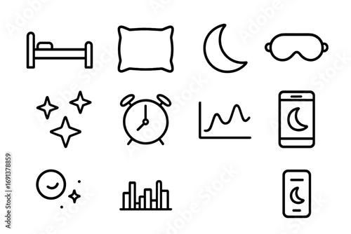 Sleep Tracking Icons Grid. Outline icon set of sleep quality tracking: bed, pillow, crescent moon, sleep mask,